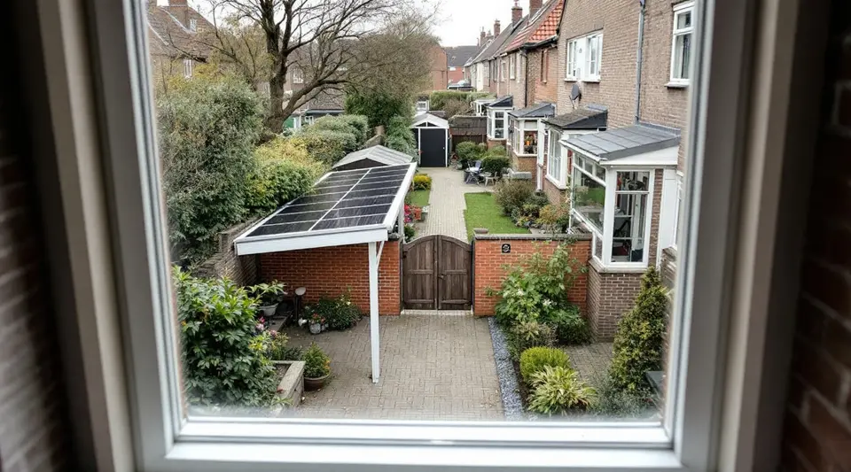 Uitzicht vanuit een bovenraam over een smalle achtertuin, met achterin een witte carport met zonnepanelen naast de poort naar het achterpad