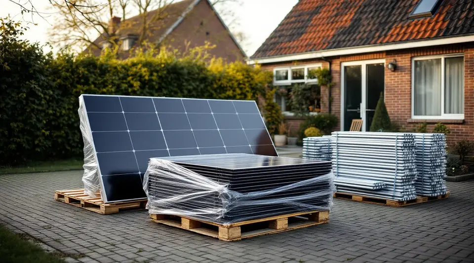Zwarte zonnepanelen in folie op pallets en bundels aluminium profielen op een klinkeroprit voor een bakstenen huis, klaar om een carport te bouwen