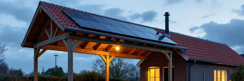 Een houten carport met dikke palen en een rij zonnepanelen op het pannendak, tegen de zijgevel van een bakstenen huis in de avondschemering, met een brandende lamp onder het dak
