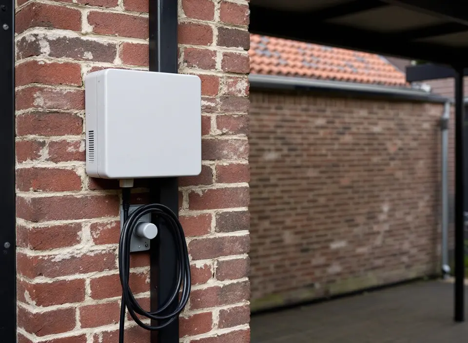 Een lichtgrijze laadpaal zonder scherm aan een zwarte carportpaal tegen een bakstenen muur, met de laadkabel opgerold eronder