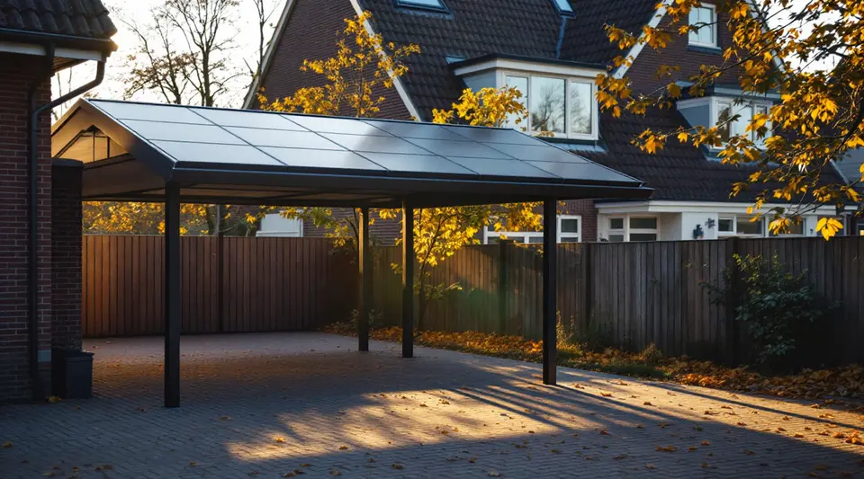 Laagstaande herfstzon op een carport met een licht hellend dak van zwarte zonnepanelen naast een bakstenen huis, met lange schaduwen over de oprit