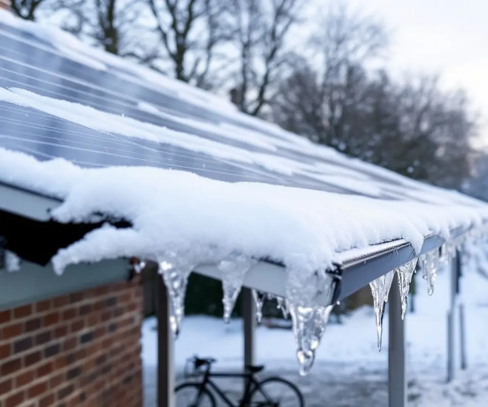 De rand van een carportdak van zonnepanelen met een dikke laag sneeuw en ijspegels, naast een bakstenen muur, met een fiets eronder